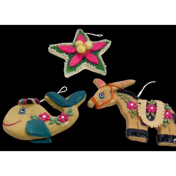 Handcrafted Mexican Folk Art Ornaments Set Of 3 - Donkey Fish & Star Design With - Picture 2 of 11